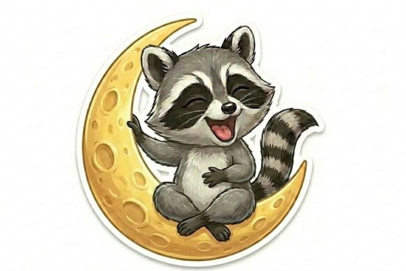 Cute Raccoon on Moon Sticker PNG – A Versatile Design for Creative Projects