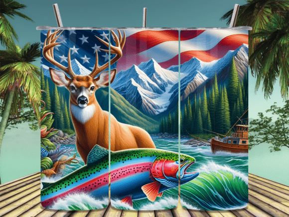 Discover the American Flag Deer and Trout Tumbler PNG – A Perfect Design for 20oz Tumblers