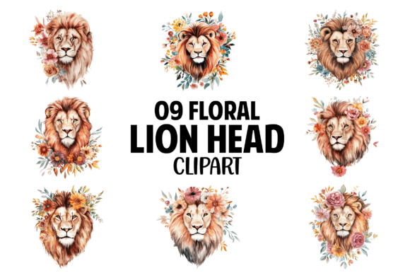 Lion Head Floral Watercolor Clipart PNG