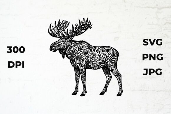 Moose Silhouette with Floral Pattern and Intricate Floral Pattern Moose Silhouette Vector Illustration Design