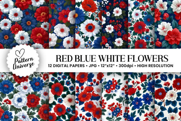 Red Blue White Flowers Digital Paper: A Versatile Resource for Creative Crafting