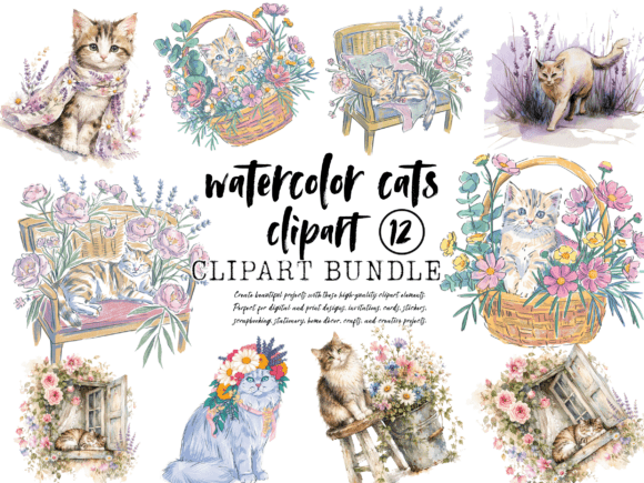 Vintage Watercolor Cats Clipart Bundle